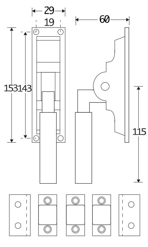 318.0037.35 Treibriegel Bauhaus-Stil Messing  poliert mit Ebenholz
