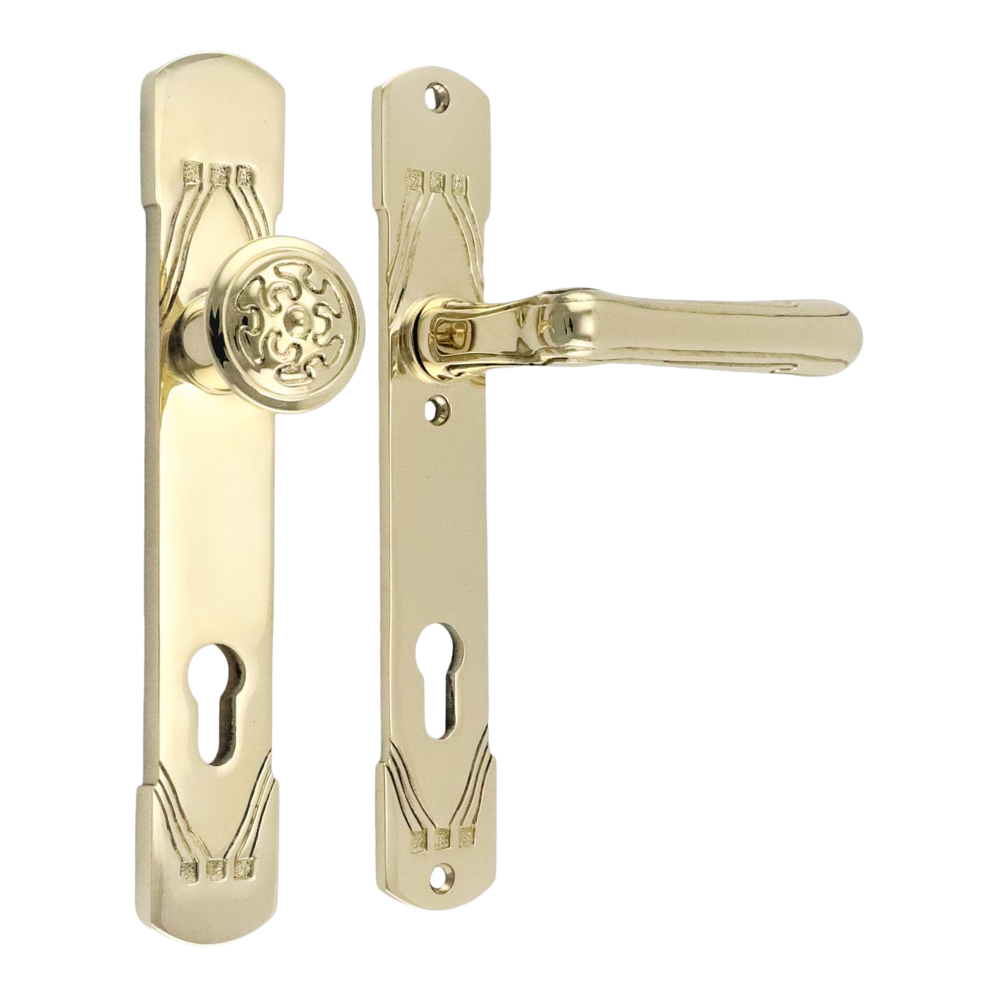 312.0135.35 Haustür-Garnitur Türgriffe mit Knauf Messing poliert Jugendstil DIN rechts 312.0135.35 Haustür-Garnitur Türgriffe mit Knauf Messing poliert Jugendstil DIN rechts