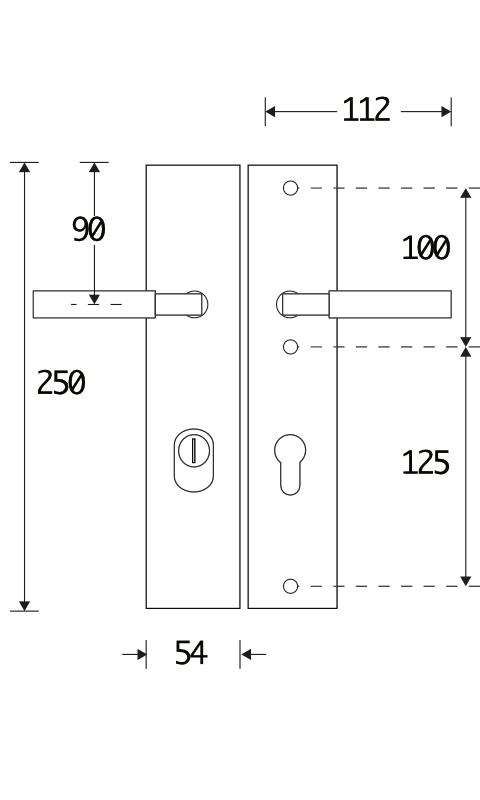 312.0083.12 Haustür Langschildgarnitur im Bauhaus-Stil Klinke/Klinke mit Kernziehschutz Messing verchromt poliert