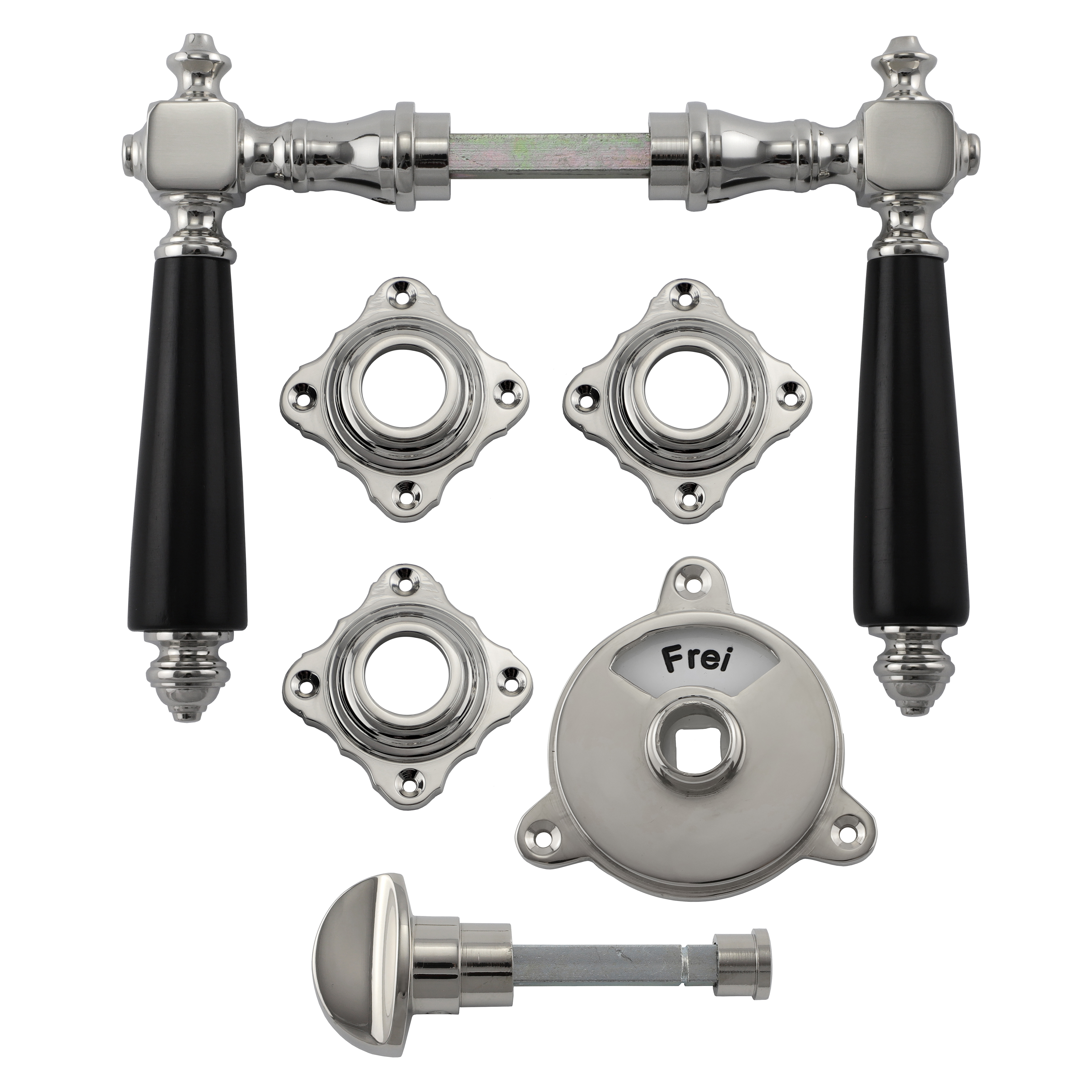 341.0304.10 WC-Türbeschlag mit Drehknauf / Verschluss mit Anzeige Messing vernickelt poliert 341.0304.10 WC-Türbeschlag mit Drehknauf / Verschluss mit Anzeige Messing vernickelt poliert