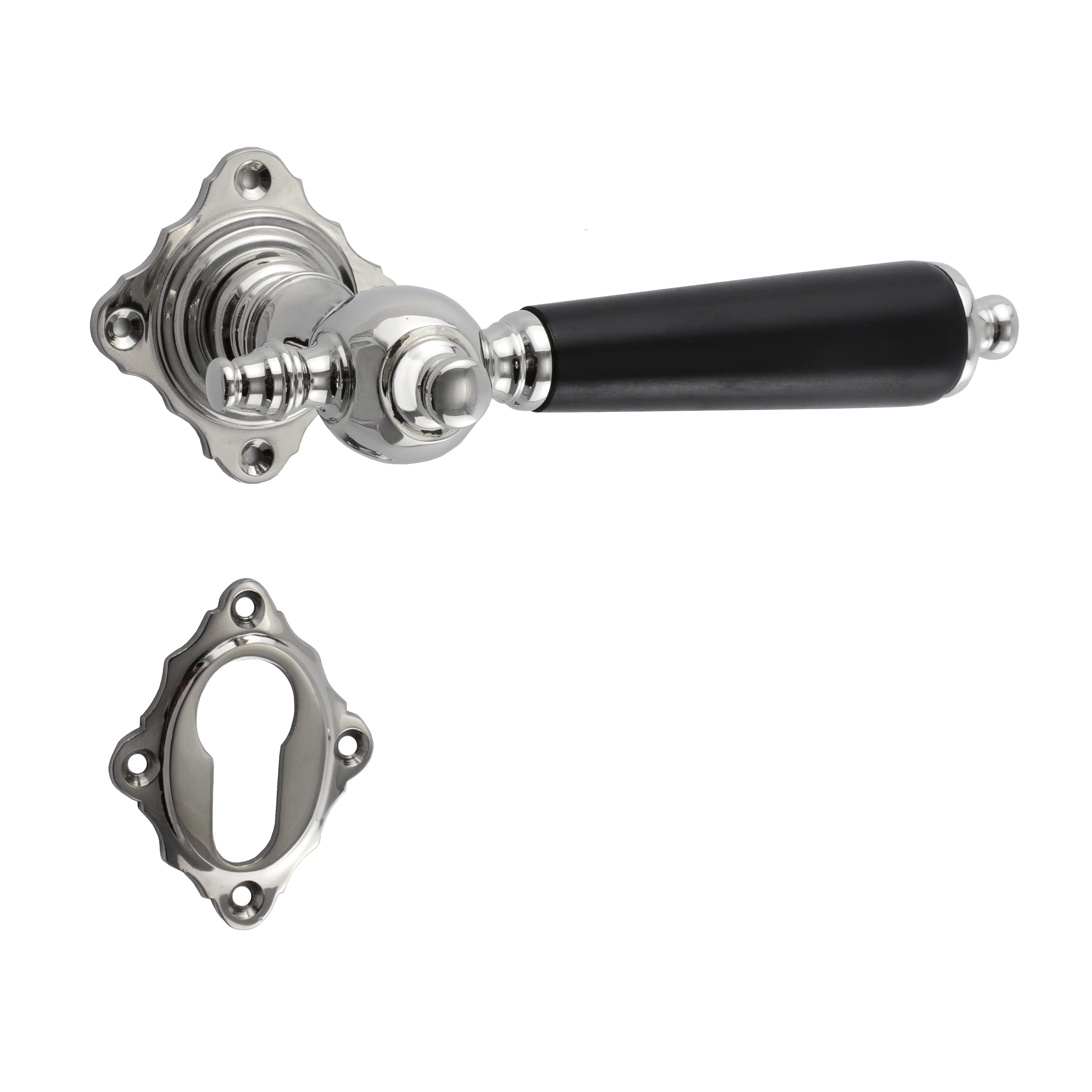 321.0025.10 Türgriffe mit PZ-Rosetten Messing vernickelt Ebenholz Historismus 321.0025.10 Türgriffe mit PZ-Rosetten Messing vernickelt Ebenholz Historismus