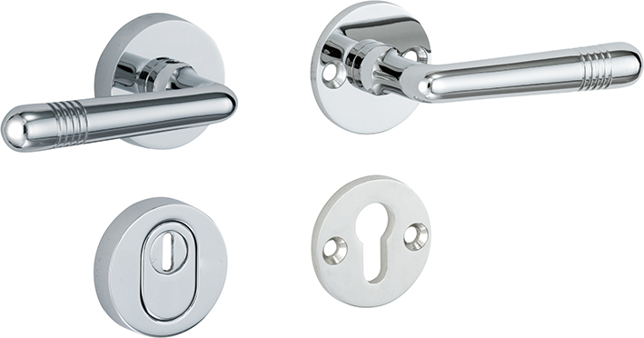 311.0030.12 Eingangstür Rosettengarnitur Jugendstil Klinke/Klinke mit Kernziehschutz Messing verchromt poliert DIN rechts 311.0030.12 Eingangstür Rosettengarnitur Jugendstil Klinke/Klinke mit Kernziehschutz Messing verchromt poliert DIN rechts