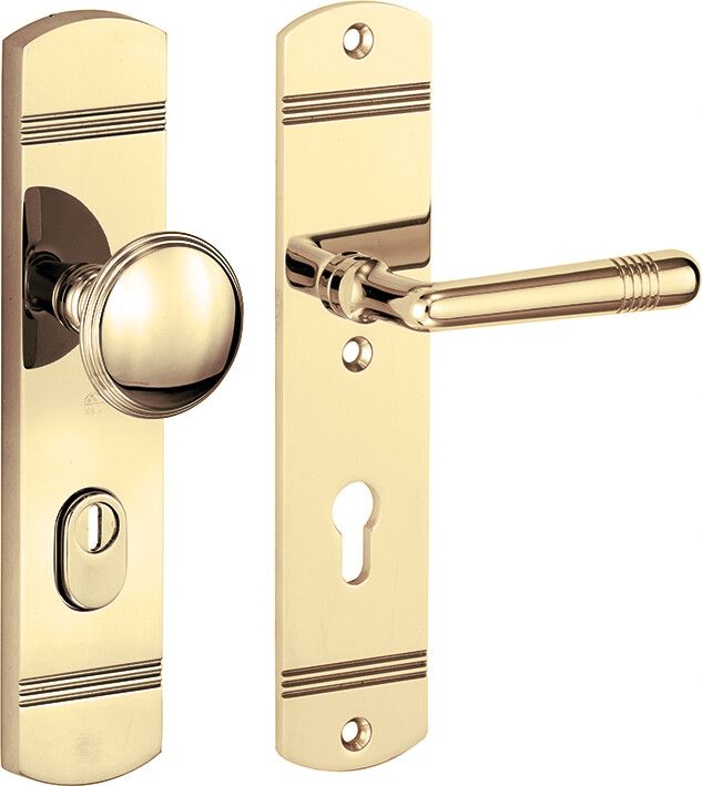 312.0138.36 Haustür Langschildgarnitur im Jugendstil Knauf/Klinke mit Kernziehschutz Messing poliert PVD, DIN rechts PZ 72 mm  312.0138.36 Haustür Langschildgarnitur im Jugendstil Knauf/Klinke mit Kernziehschutz Messing poliert PVD, DIN rechts PZ 72 mm