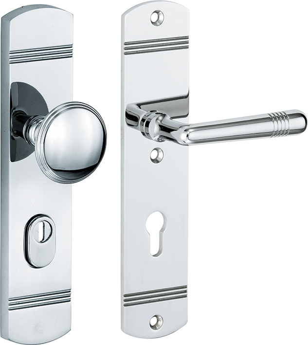 312.0100.12 Haustür Langschildgarnitur im Jugendstil Knauf/Klinke mit Kernziehschutz Messing verchromt poliert, DIN rechts PZ 72 mm 312.0100.12 Haustür Langschildgarnitur im Jugendstil Knauf/Klinke mit Kernziehschutz Messing verchromt poliert, DIN rechts PZ 72 mm