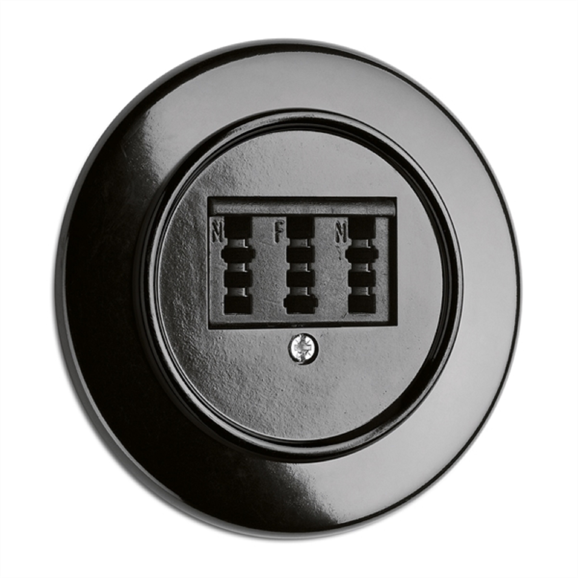 900.0019.BS Telefonsteckdose, Unterputz-Schaltersystem Bakelit schwarz mit runder Abdeckung