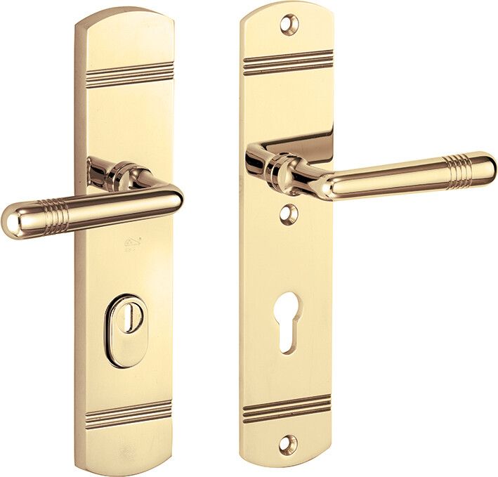 312.0137.36 Haustür Langschildgarnitur im Jugendstil  Klinke/Klinke mit Kernziehschutz Messing poliert PVD Beschichtet PZ 72 mm DIN rechts 312.0137.36 Haustür Langschildgarnitur im Jugendstil  Klinke/Klinke mit Kernziehschutz Messing poliert PVD Beschichtet PZ 72 mm DIN rechts