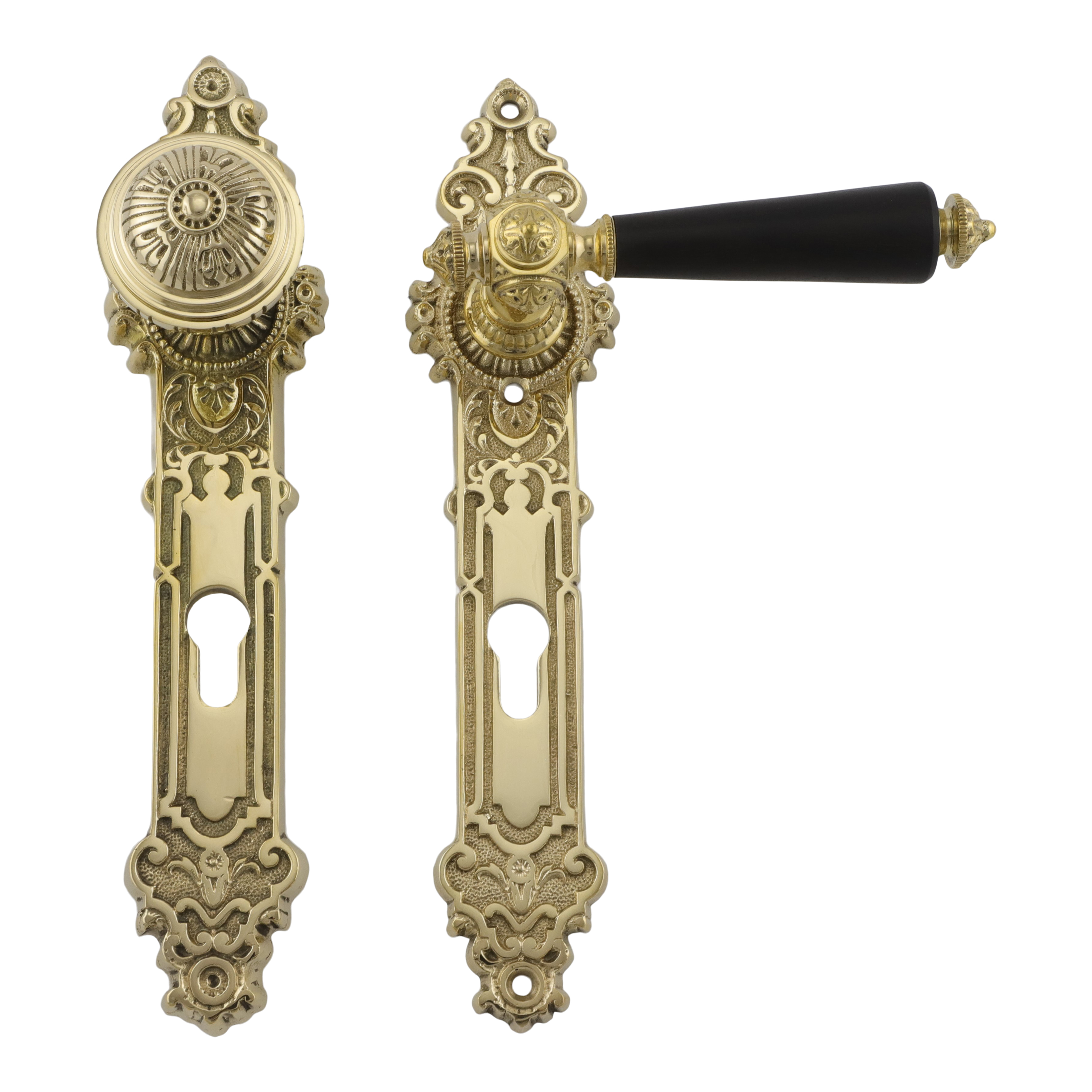 312.0134.35 Haustür-Garnitur mit Türgriff und Knauf Gründerzeit Messing poliert PZ 92 mm 312.0134.35 Haustür-Garnitur mit Türgriff und Knauf Gründerzeit Messing poliert PZ 92 mm