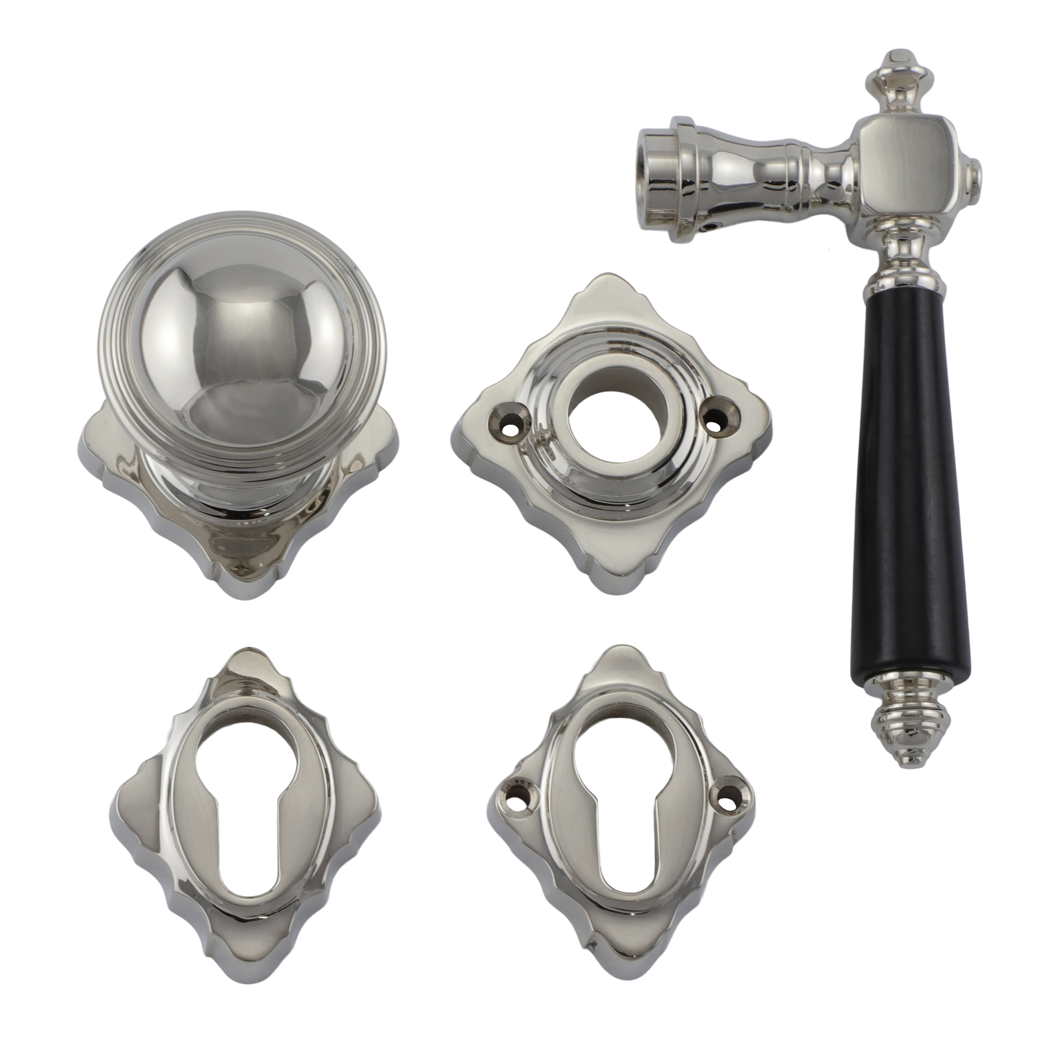 331.0024.10 Haustür-Garnitur Türgriffe mit Knauf Historismus Nickel poliert 331.0024.10 Haustür-Garnitur Türgriffe mit Knauf Historismus Nickel poliert