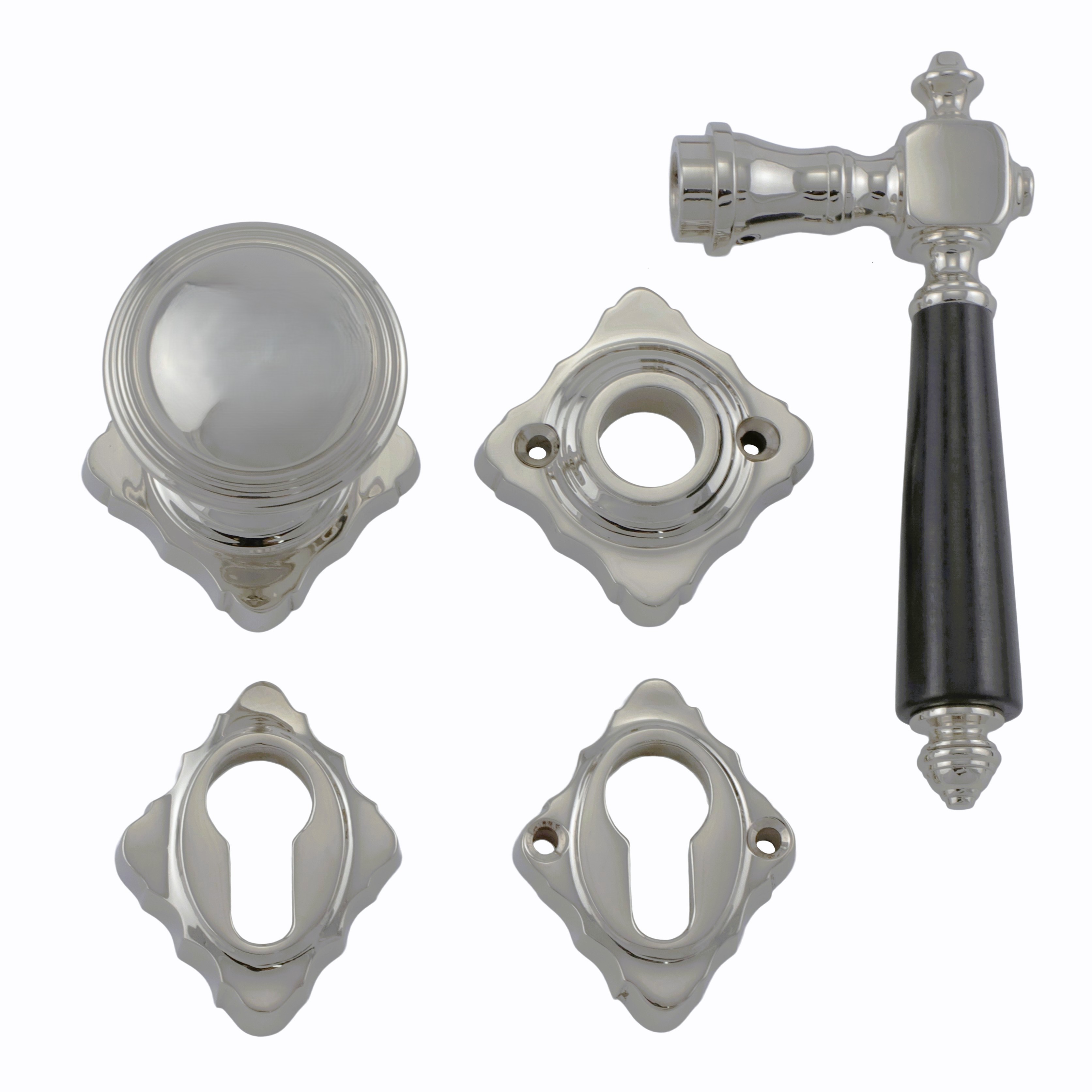 331.0040.15 Haustür-Garnitur Türgriffe mit Knauf Historismus Nickel matt 331.0040.15 Haustür-Garnitur Türgriffe mit Knauf Historismus Nickel matt