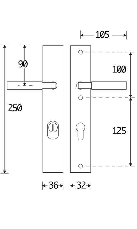 312.0081.12 Haustür Langschildgarnitur im Bauhaus-Stil Klinke/Klinke mit Kernziehschutz Messing verchromt poliert 92 PZ DIN links