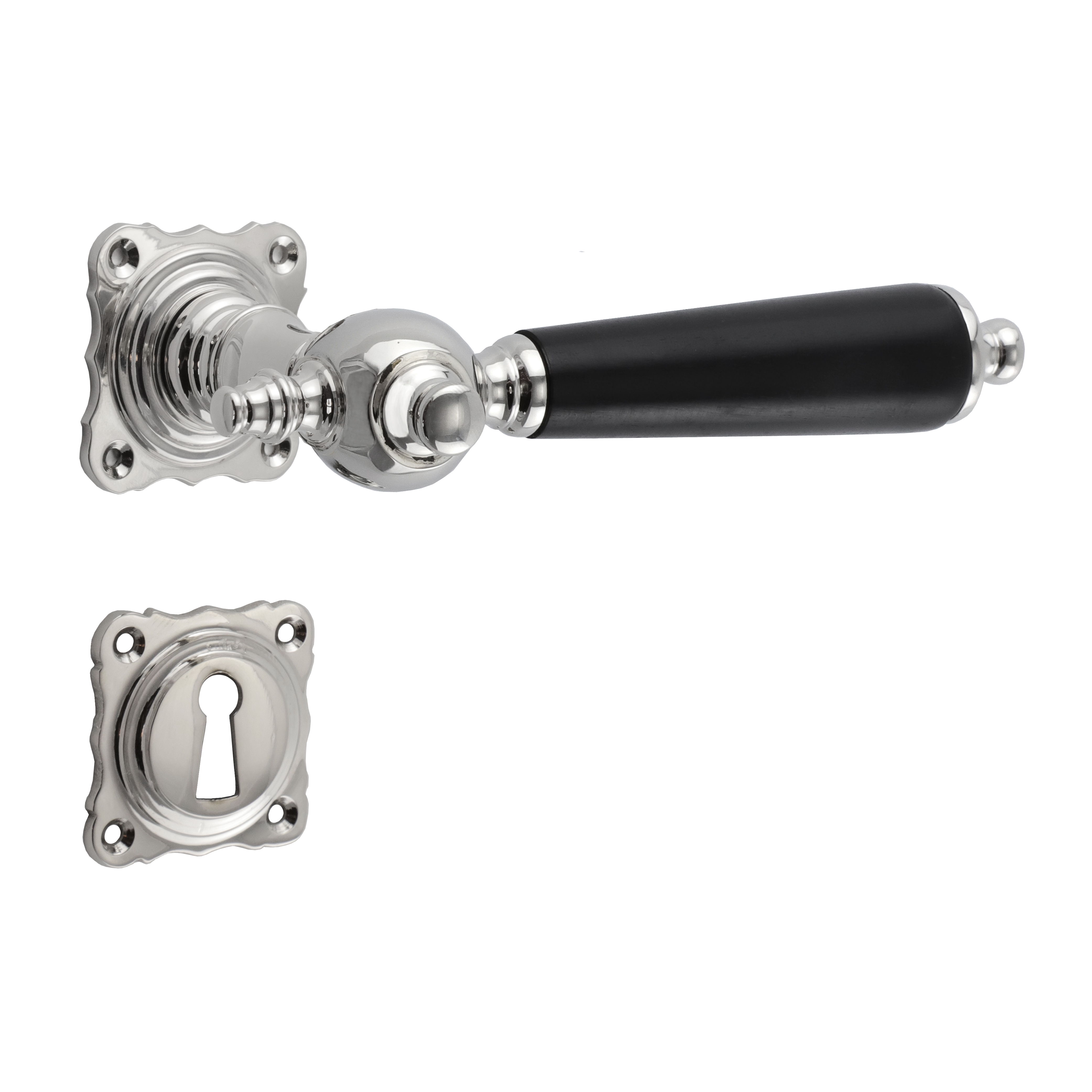 321.0030.10 Türgriffe mit Rosetten Messing vernickelt Ebenholz Historismus 321.0030.10 Türgriffe mit Rosetten Messing vernickelt Ebenholz Historismus